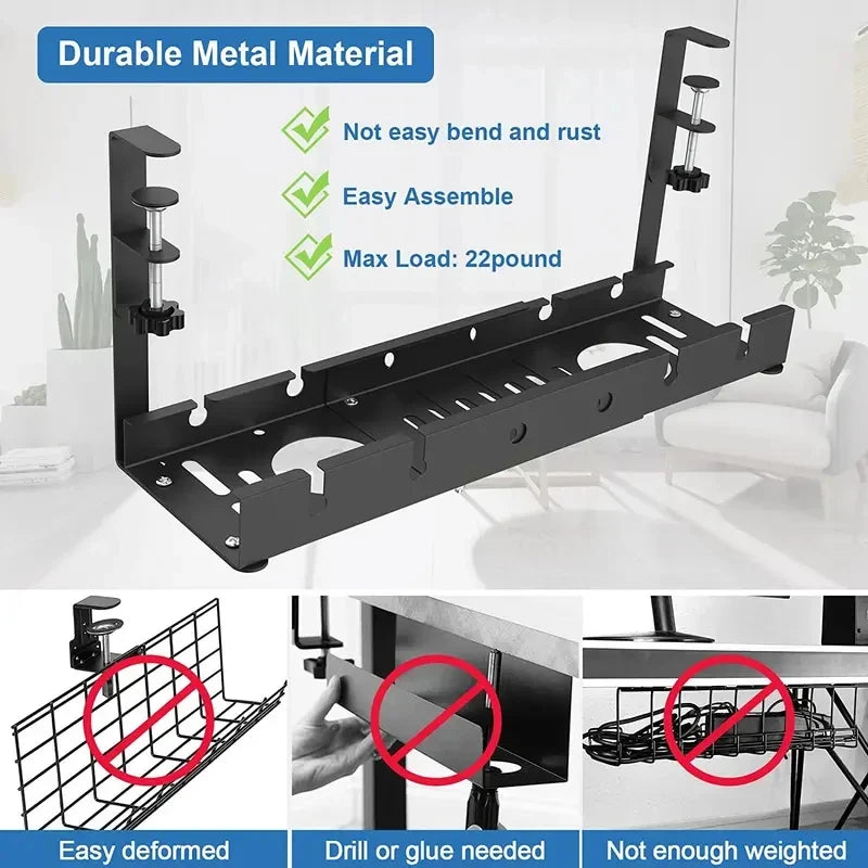 No-Drill Telescopic Under-Desk Cable Management Tray | Metal Cable Management Tray QXL