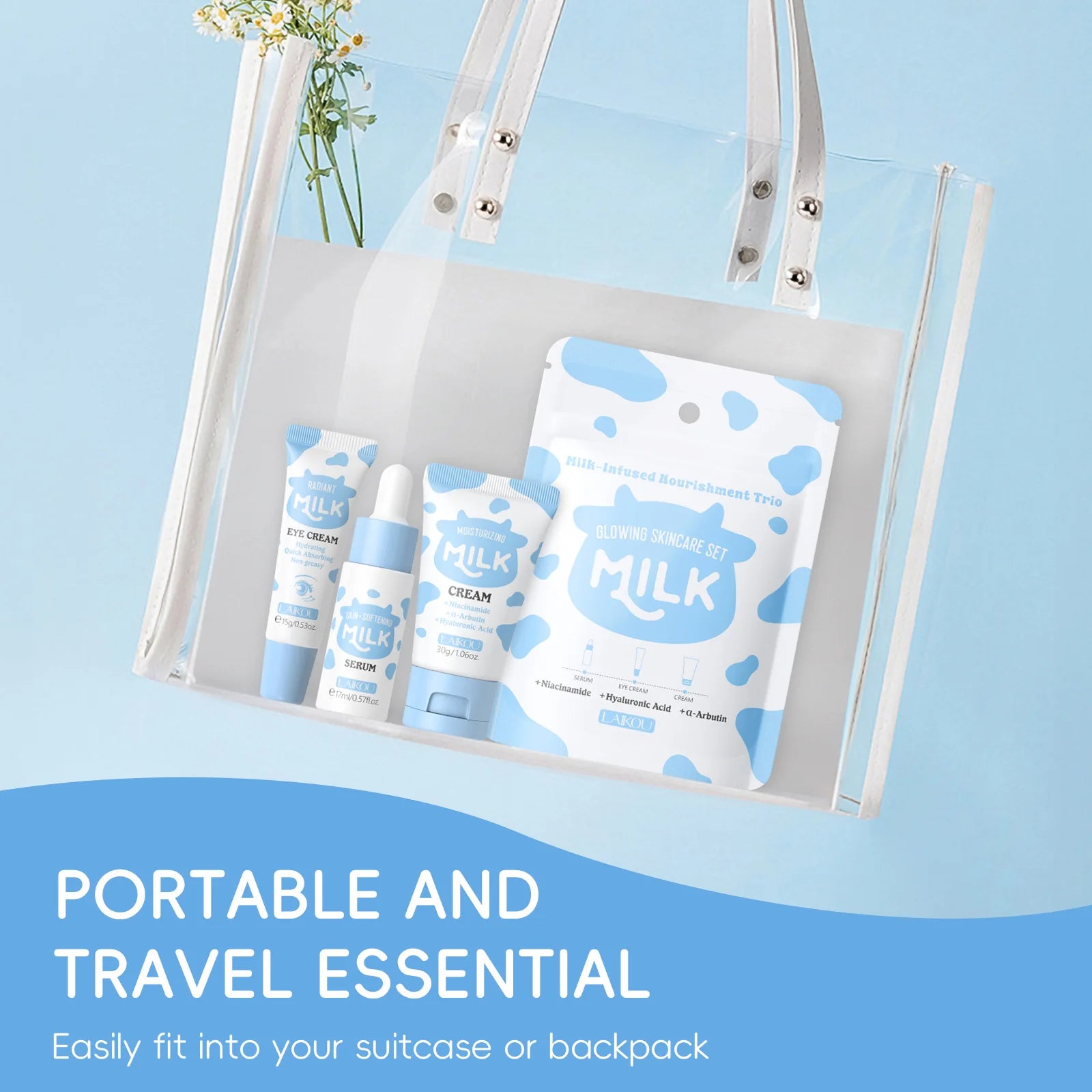 LAIKOU Milk 3-Piece Skincare Travel Set | Niacinamide & Hyaluronic Skincare Travel Set QXL