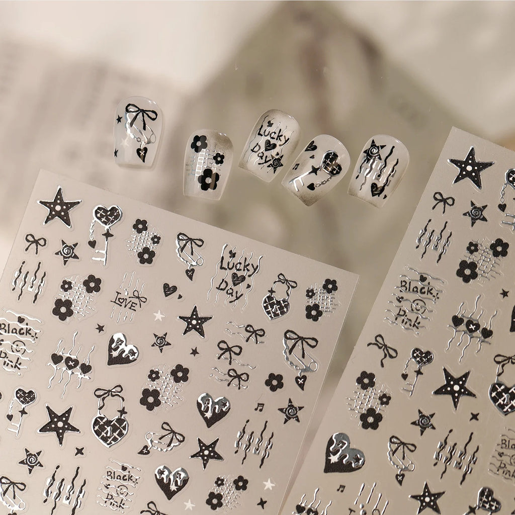 Y2K 5D Nail Art Stickers | Black Silver Lace Heart Bow Decals Nail Art Stickers QXL