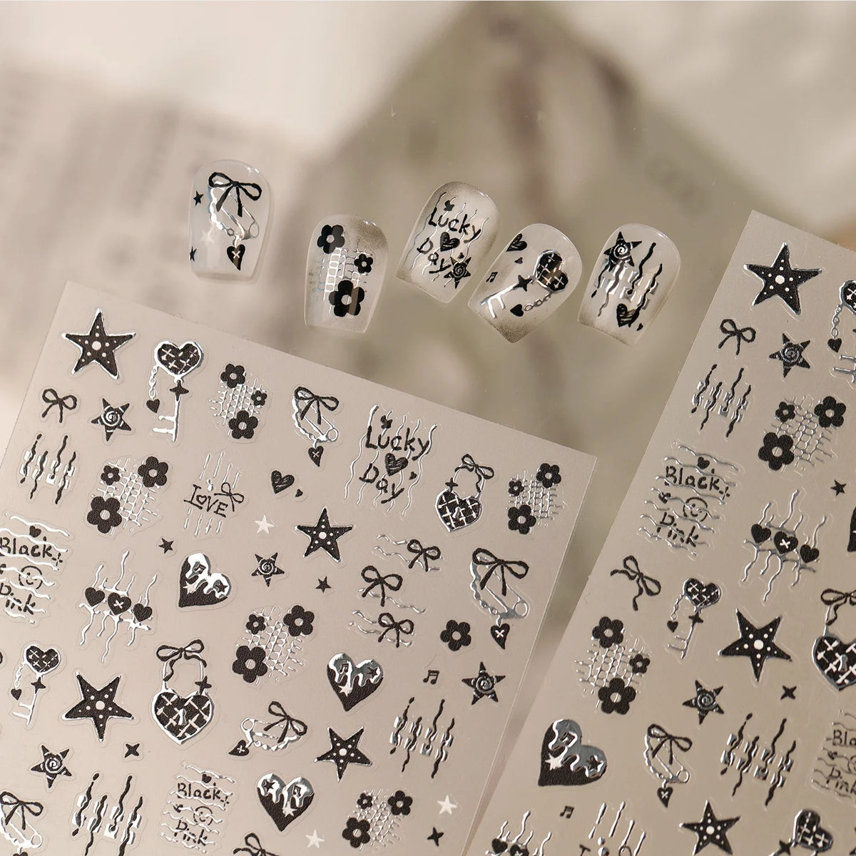 Y2K 5D Nail Art Stickers – Black Silver Lace, Hearts & Bows Nail Art Stickers QXL