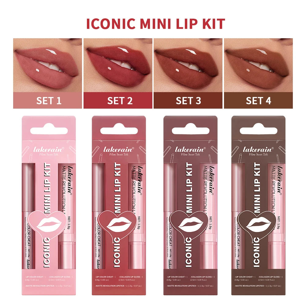 Lakerain Mini Lip Kit – Lipstick, Liner & Gloss Set Lip Makeup Set QXL
