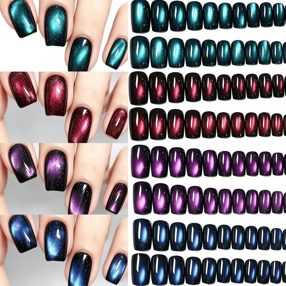 96-Pc Cat Eye Press On Nails | Short Square Glossy Glitter Press On Nails QXL 96PCS
