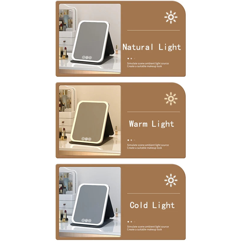 Foldable LED Makeup Mirror | 3-Color Touch Control, USB-C LED Makeup Mirror QXL