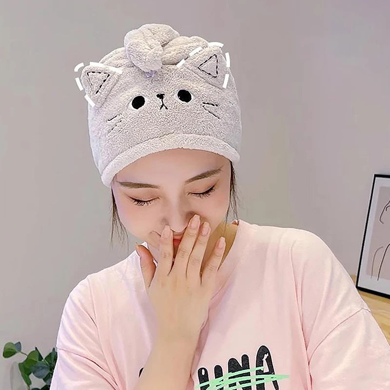 Cartoon Cat Coral Fleece Hair Towel Wrap Cap | Quick Dry Hair Towel Wrap QXL