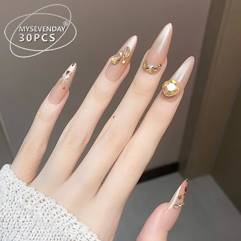 Cat-Eye Leopard Diamond French Press-On Nails | 10pc Set Press-On False Nails QXL