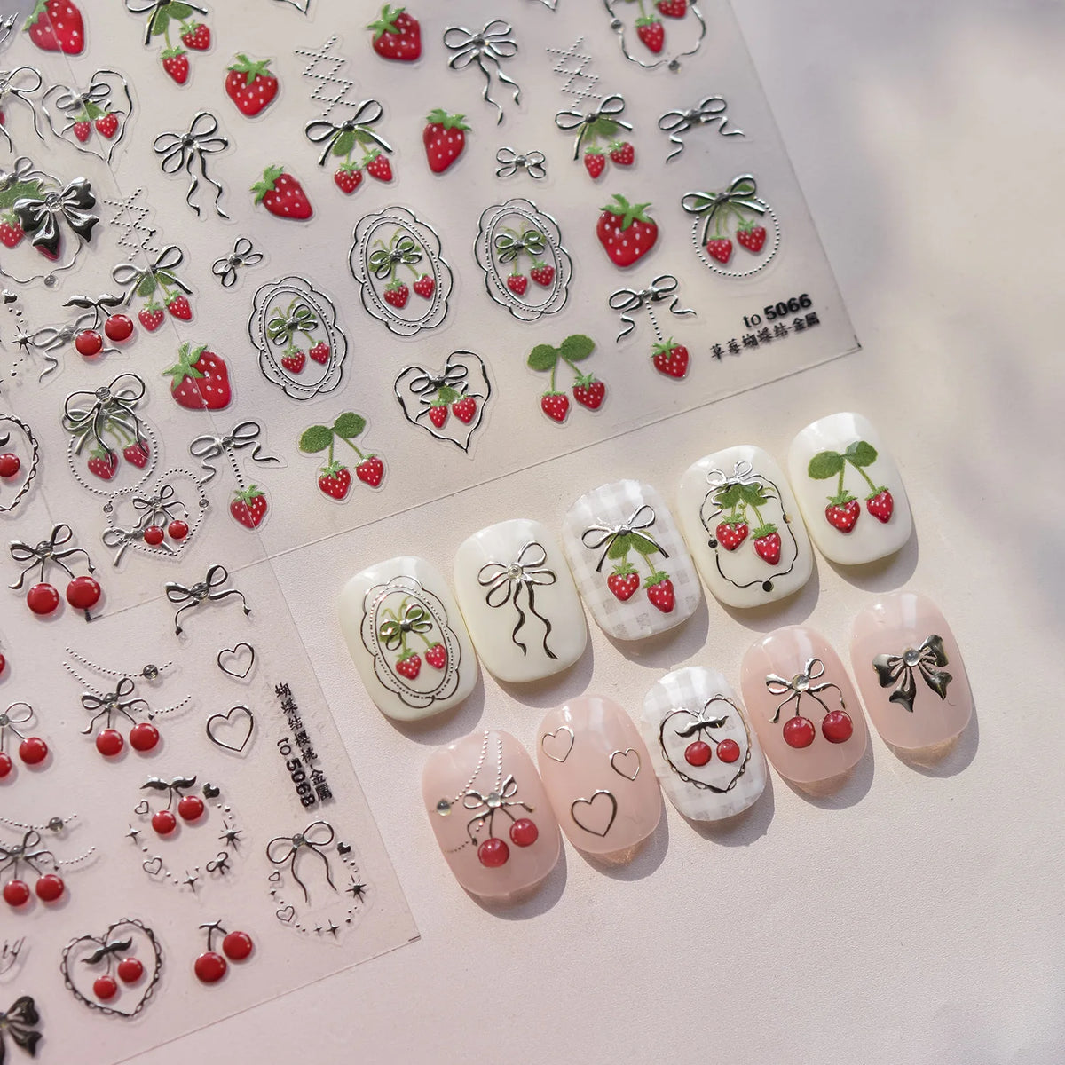 5D Strawberry Bow Metal Nail Art Stickers | Japanese Decals Nail Art Stickers QXL