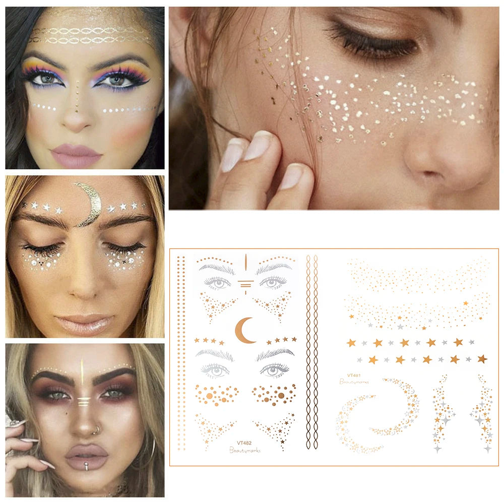 Golden Face Temporary Tattoo Sticker | Festival Eye Decal Temporary Face Tattoo QXL