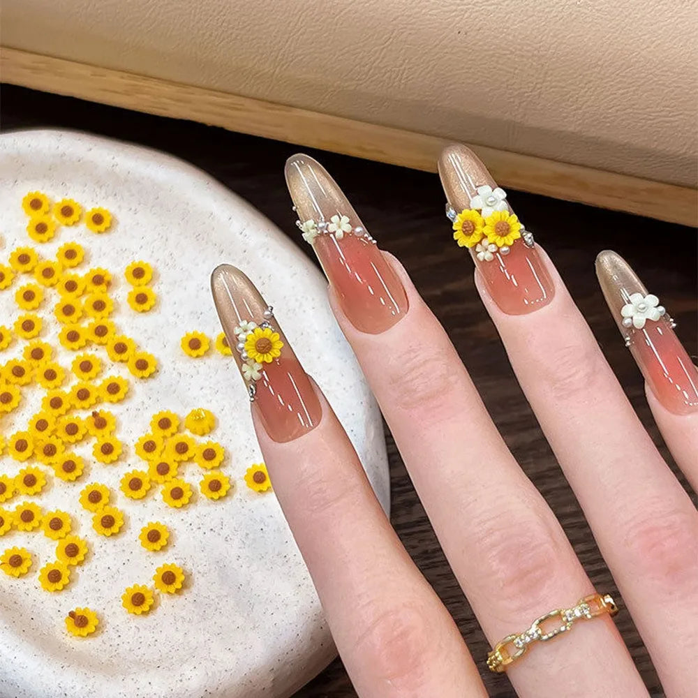 100-Pack 3D Sunflower Daisy Nail Rhinestones 6×6mm DIY Decor Nail Art Rhinestones QXL
