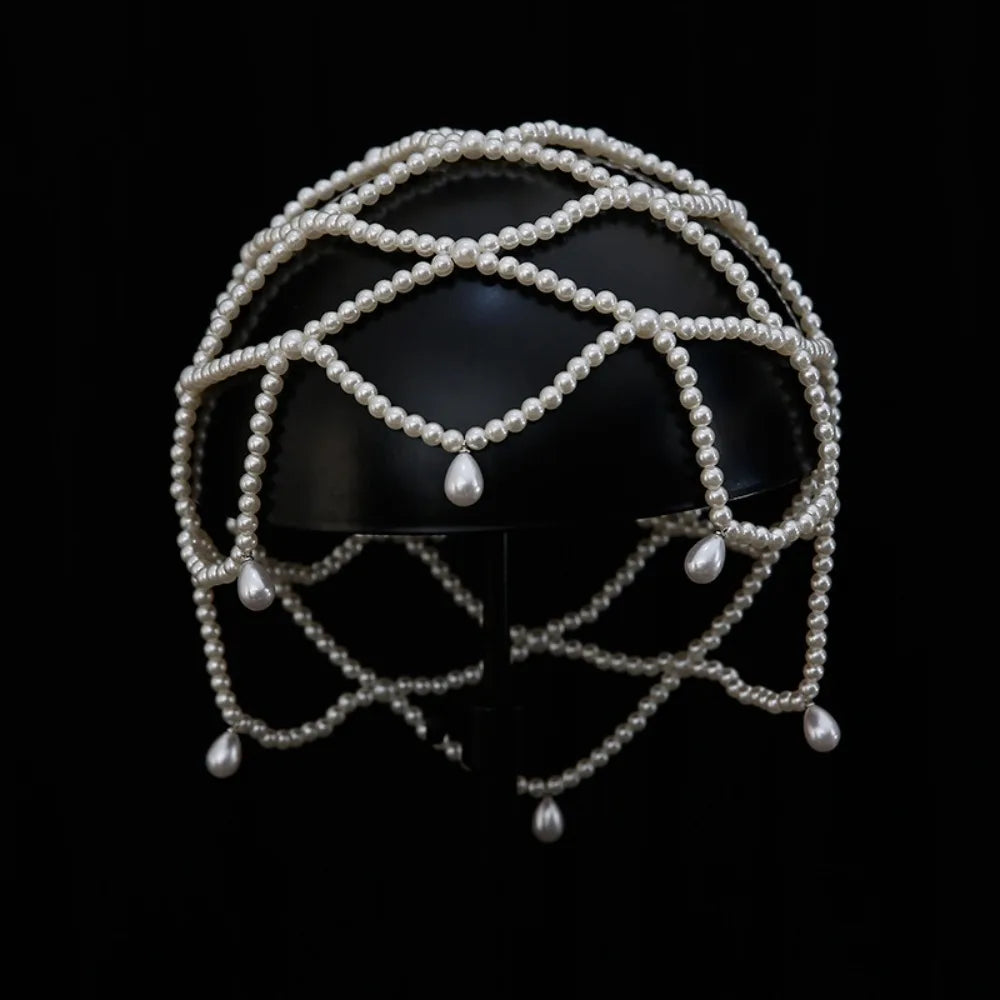 Handmade Pearl Beaded Bridal Hat | Mesh Tassel Wedding Headpiece Bridal Hat QXL