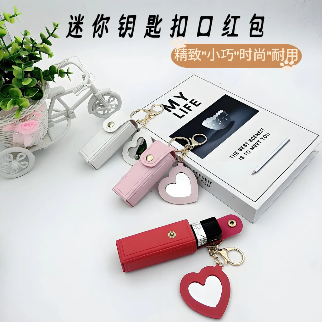 Mini PU Lipstick Case Keychain with Heart-Shaped Mirror Lipstick Case Keychain QXL