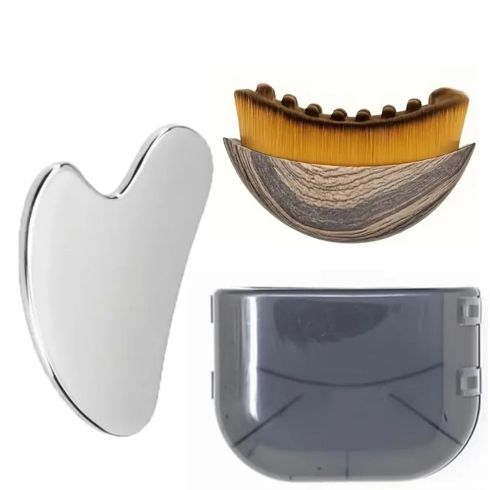 Stainless Steel Gua Sha & Face Sculpting Brush Set – 2 Pc Gua Sha Tool Set QXL