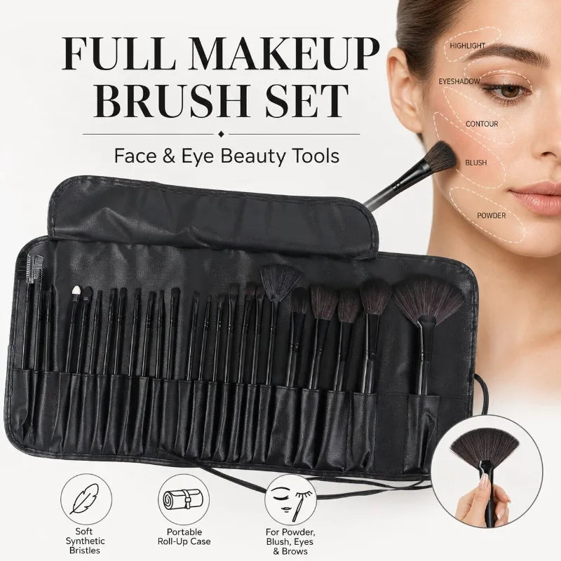 24-Piece Makeup Brush Set with Roll-Up Case | Face & Eye Makeup Brush Set QXL
