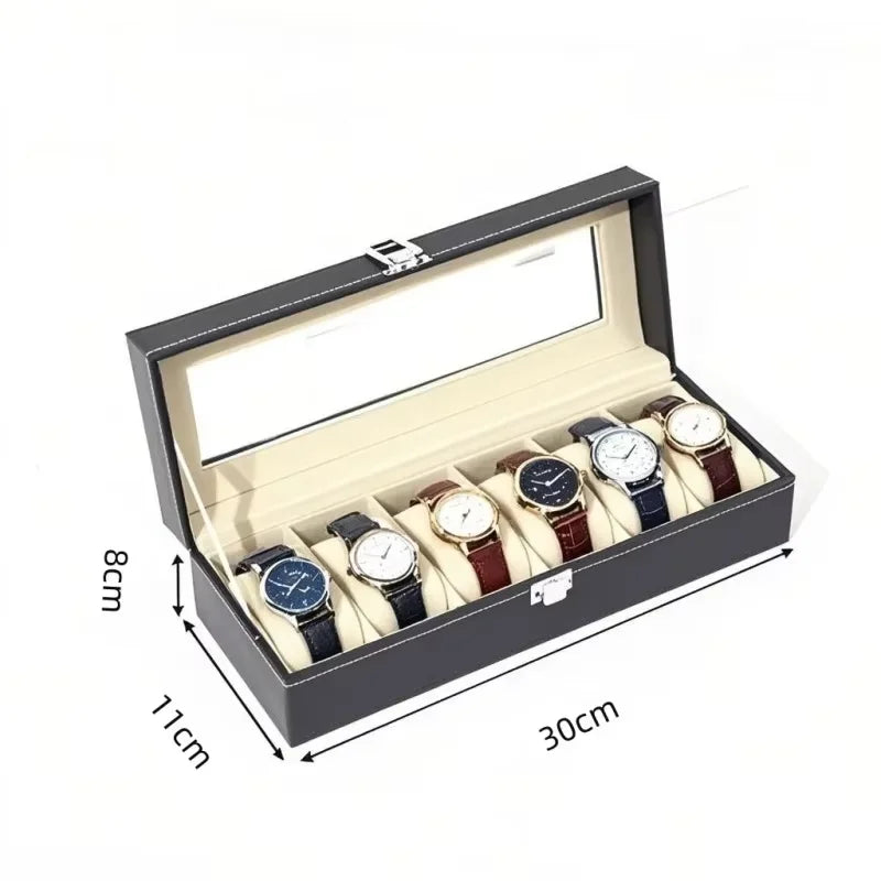6-Slot PU Leather Watch Box with Glass Lid – Display & Storage Watch Display Box QXL 6 slots -2