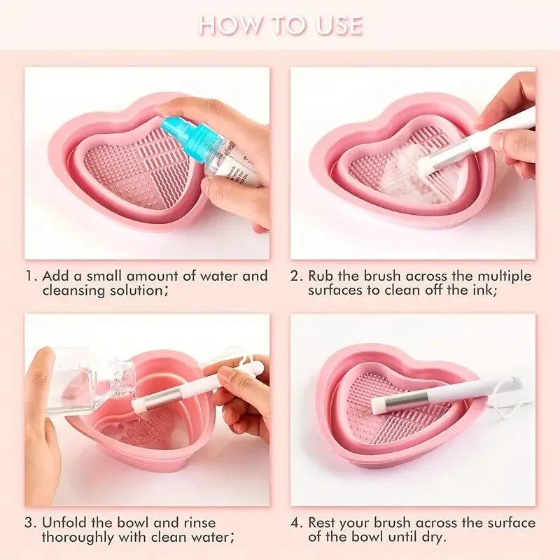 Heart-Shaped Silicone Makeup Brush Cleaner + Pink Sponge Brush Cleaner QXL