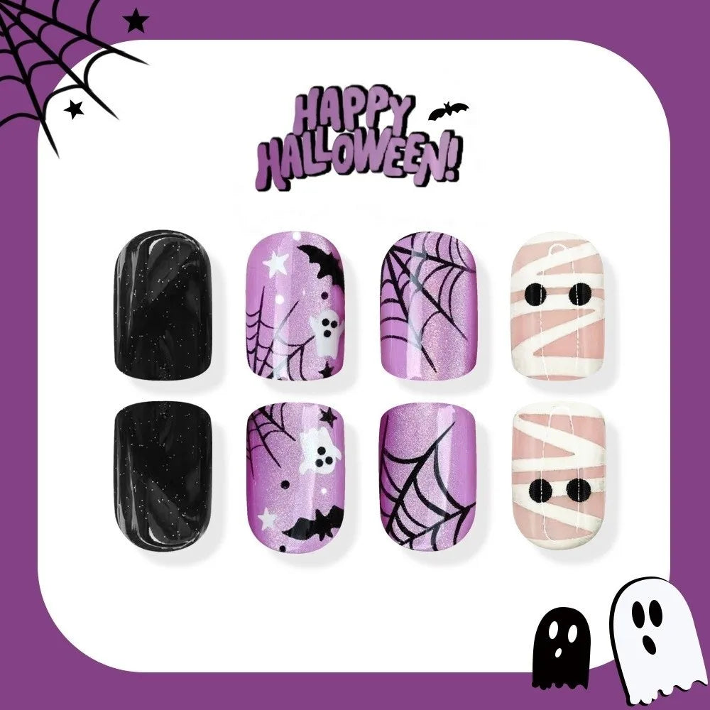 24-Pc Halloween Press-On Nails – Spider Web Bat Ghost Short Square Press-On Nail Set QXL