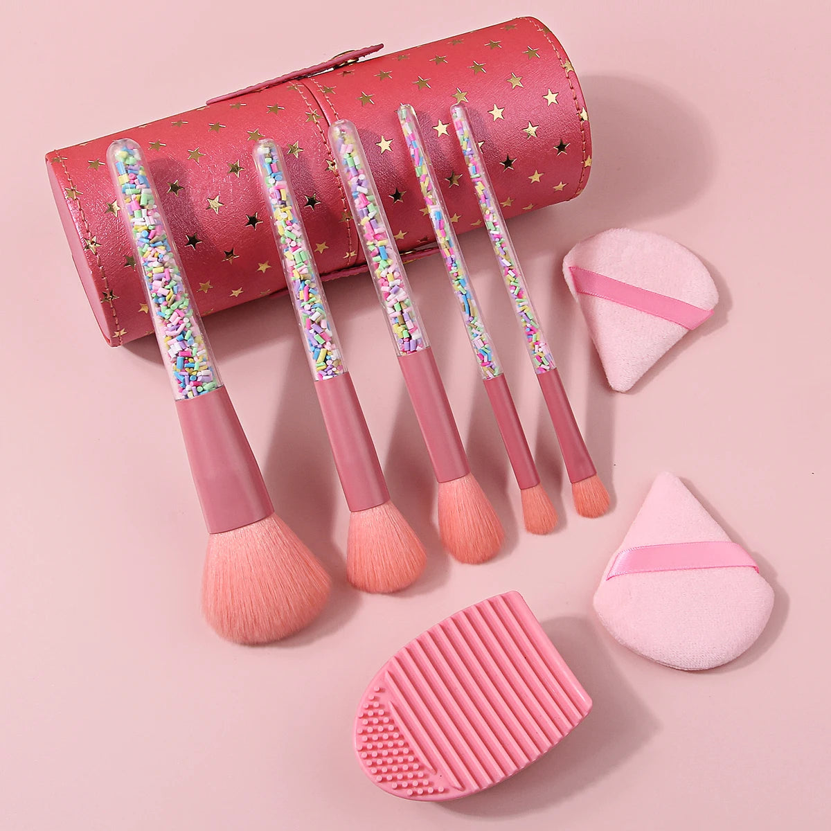 KOSSHOW 9-Piece Pink Makeup Brush Kit with Puffs & Holder Makeup Brush Set QXL