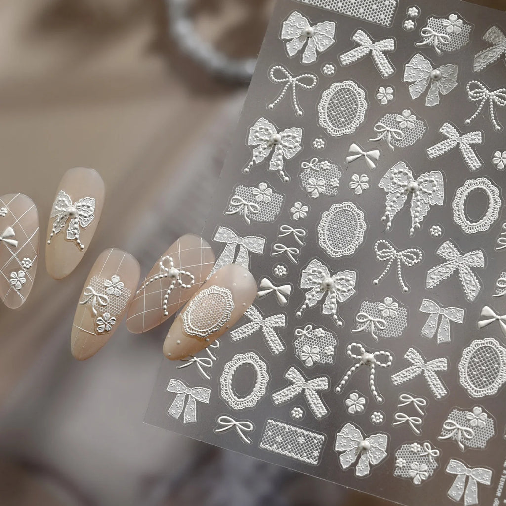 5D Lace Bow Pearl Embossed Self-Adhesive Nail Stickers & Decals Nail Art Stickers QXL