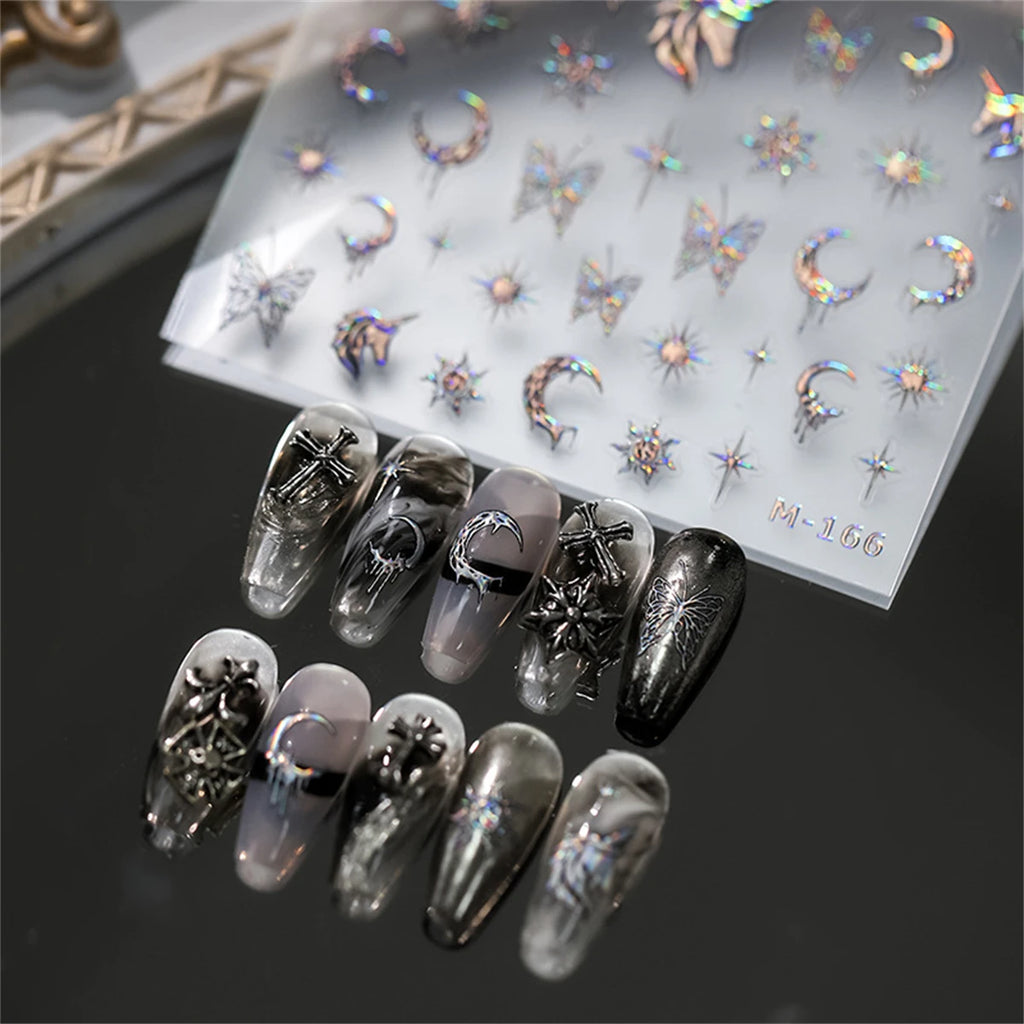 5D Laser Silver Nail Stickers | Unicorn Moon Butterfly Decals Nail Stickers & Decals QXL