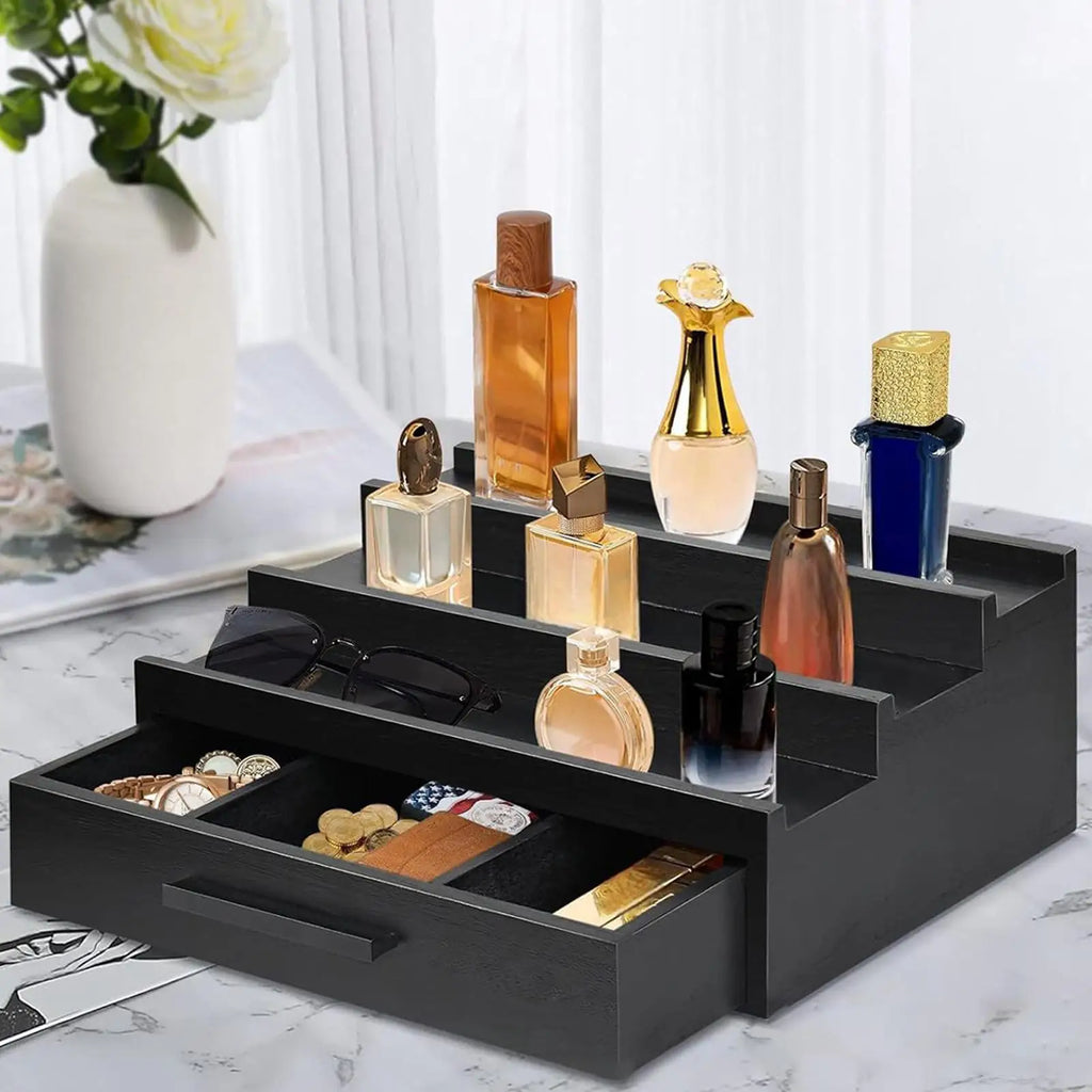 3-Tier Bamboo Perfume Organizer Rack with Drawer | Dresser Perfume Organizer Rack QXL