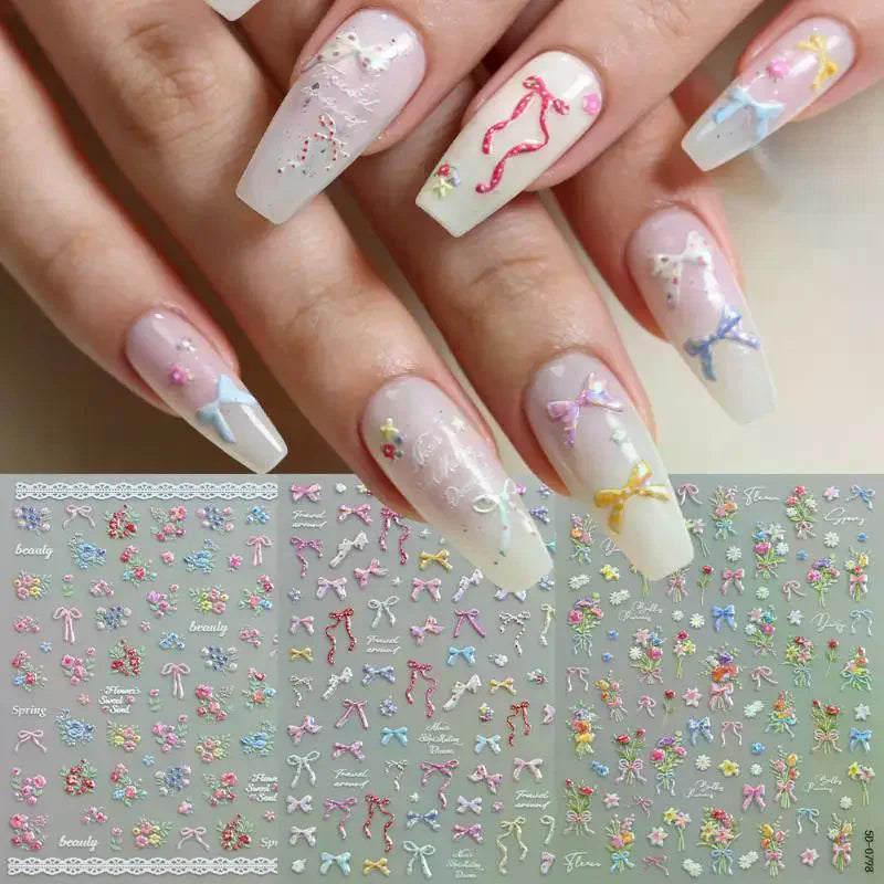 3D Spring Flower & Bow Nail Stickers | Rose Bouquet Decals Nail Art Stickers QXL