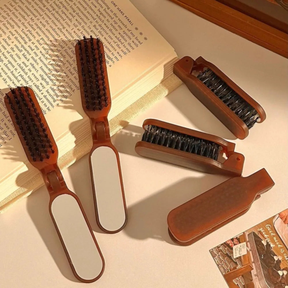 Folding Hair Comb with Mirror | Boar Bristle Anti-Static Folding Hair Comb QXL