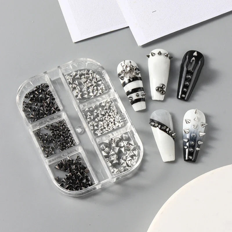 Y2K Punk Metal Rivet Nail Charms | 6-Grid Black & Silver Studs Nail Art Charms QXL