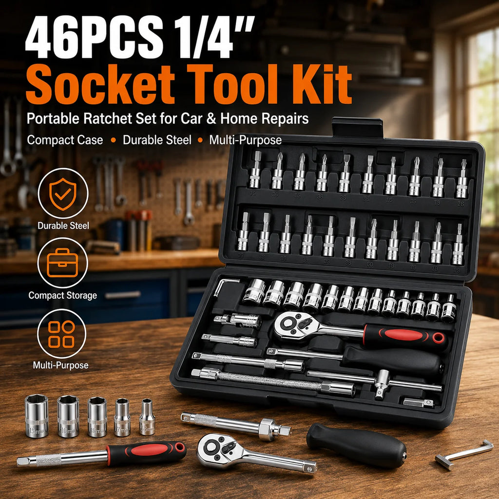 46-Pc 1/4" Drive Socket Wrench Set | Metric Ratchet Kit Socket Wrench Set QXL