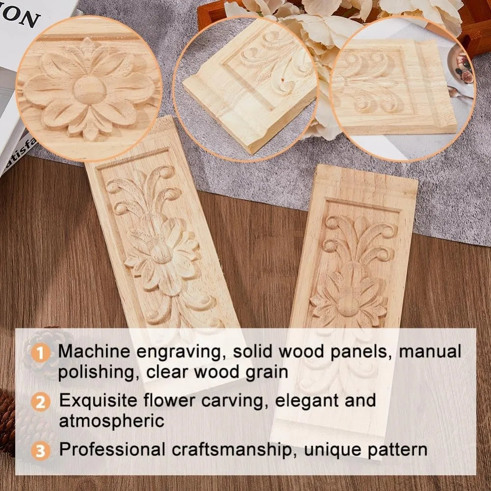 2-Pack Rectangle Wood Carved Applique | Floral Furniture Onlay Wood Carved Applique QXL