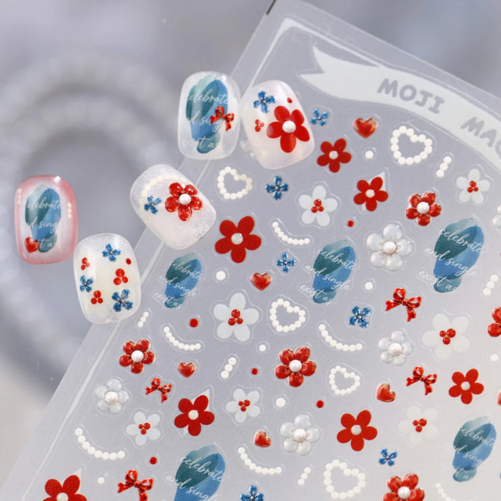 5D Floral Nail Art Stickers | Pearl Heart Bow Jelly Petal Decals Nail Art Stickers QXL