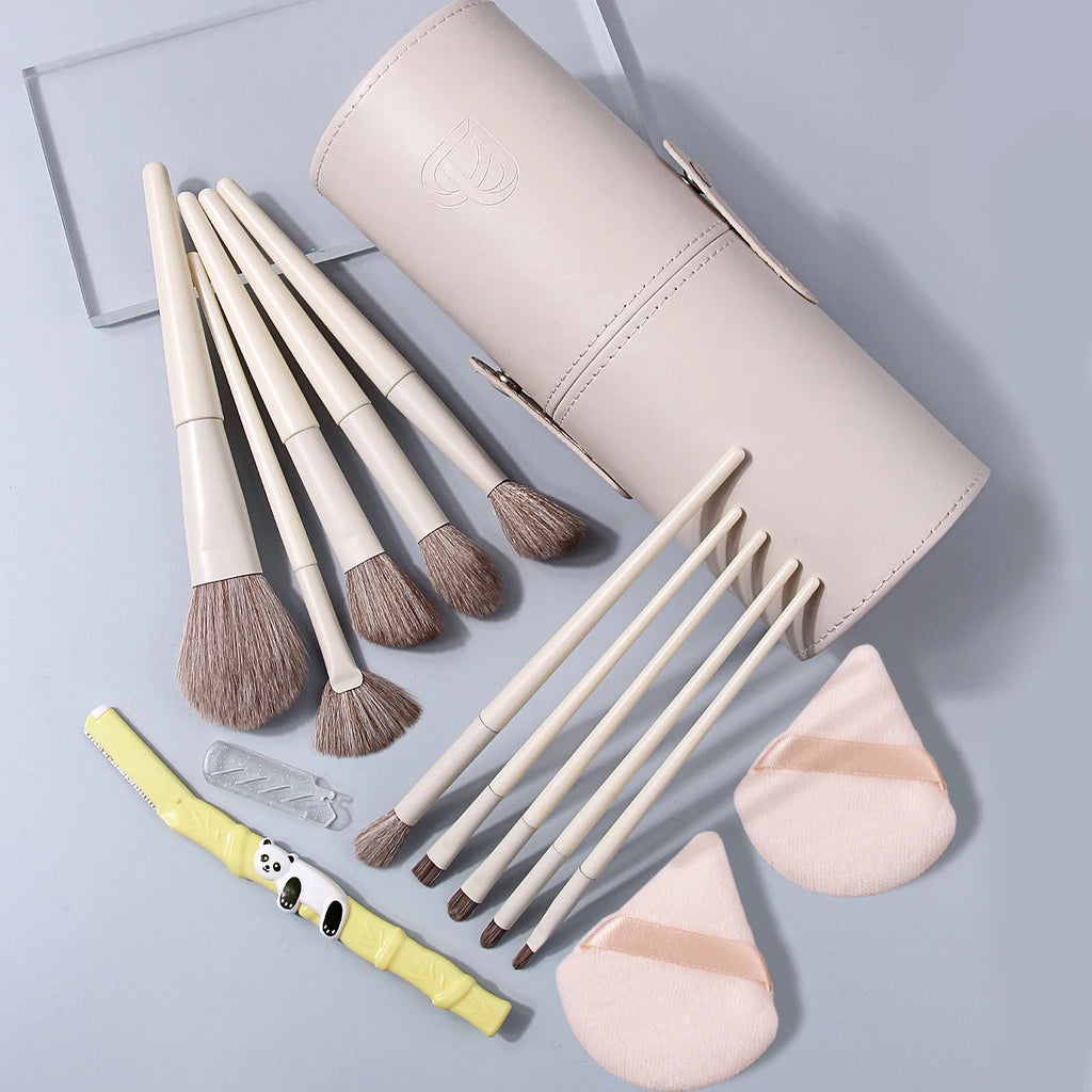 KOSSHOW 14-Pc Beige Makeup Brush Set with Case & Puffs Makeup Brush Set QXL