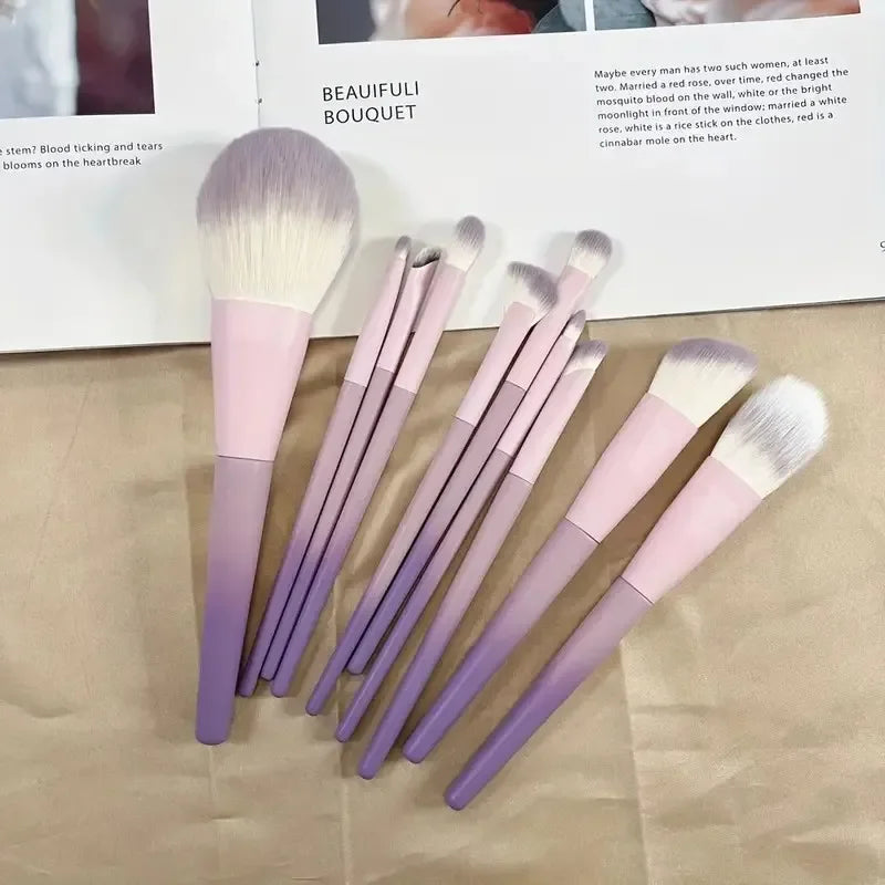 10-Pc Purple Gradient Makeup Brush Set – Powder, Foundation & Concealer Makeup Brush Set QXL