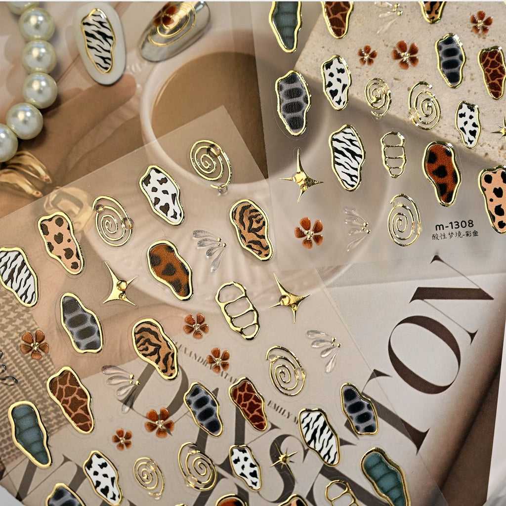 5D Retro Animal Skin Nail Stickers | Gold Border Star Flower Decals Nail Art Stickers QXL
