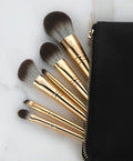 8-Pc Golden Makeup Brush Set | Soft Nylon Bristles & PU Bag Makeup Brush Set QXL 8 brushes and a bag