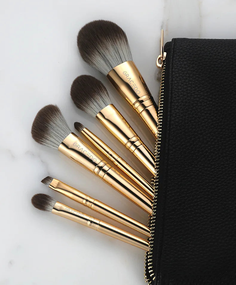 8-Pc Golden Makeup Brush Set | Soft Nylon Bristles & PU Bag Makeup Brush Set QXL 8 brushes and a bag