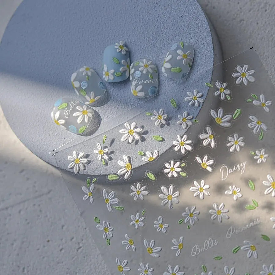 White Daisy 5D Embossed Nail Stickers | Spring Nail Art Decals Nail Art Stickers QXL