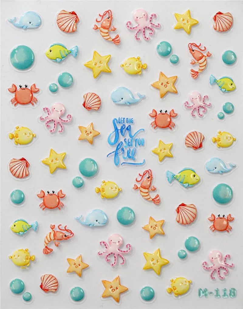 5D Embossed Ocean Nail Stickers | Kawaii Sea Shell Manicure Decals Nail Art Stickers QXL