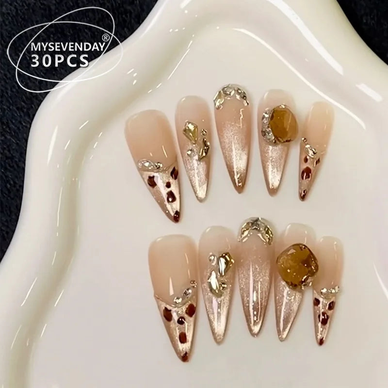 Cat-Eye Leopard Diamond French Press-On Nails | 10pc Set Press-On False Nails QXL