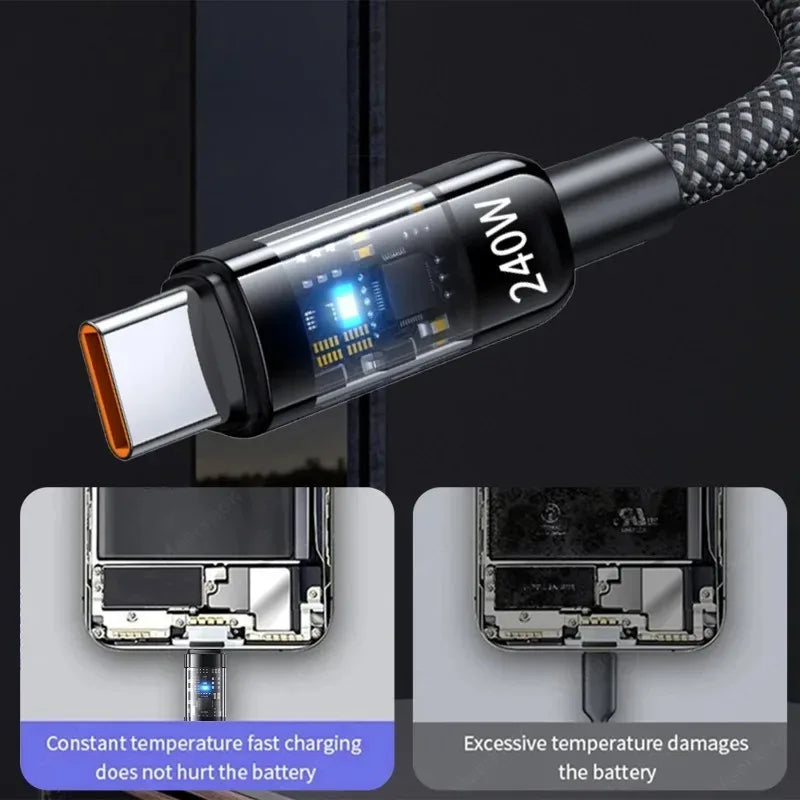 240W USB-C Fast Charging Cable with LED Display | Nylon Braid USB-C Charging Cable QXL