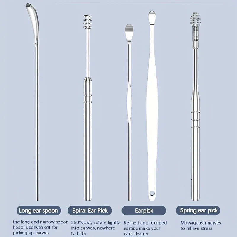 6-Piece Stainless Steel Ear Wax Removal Kit | Spiral Scoop Ear Cleaning Tool QXL