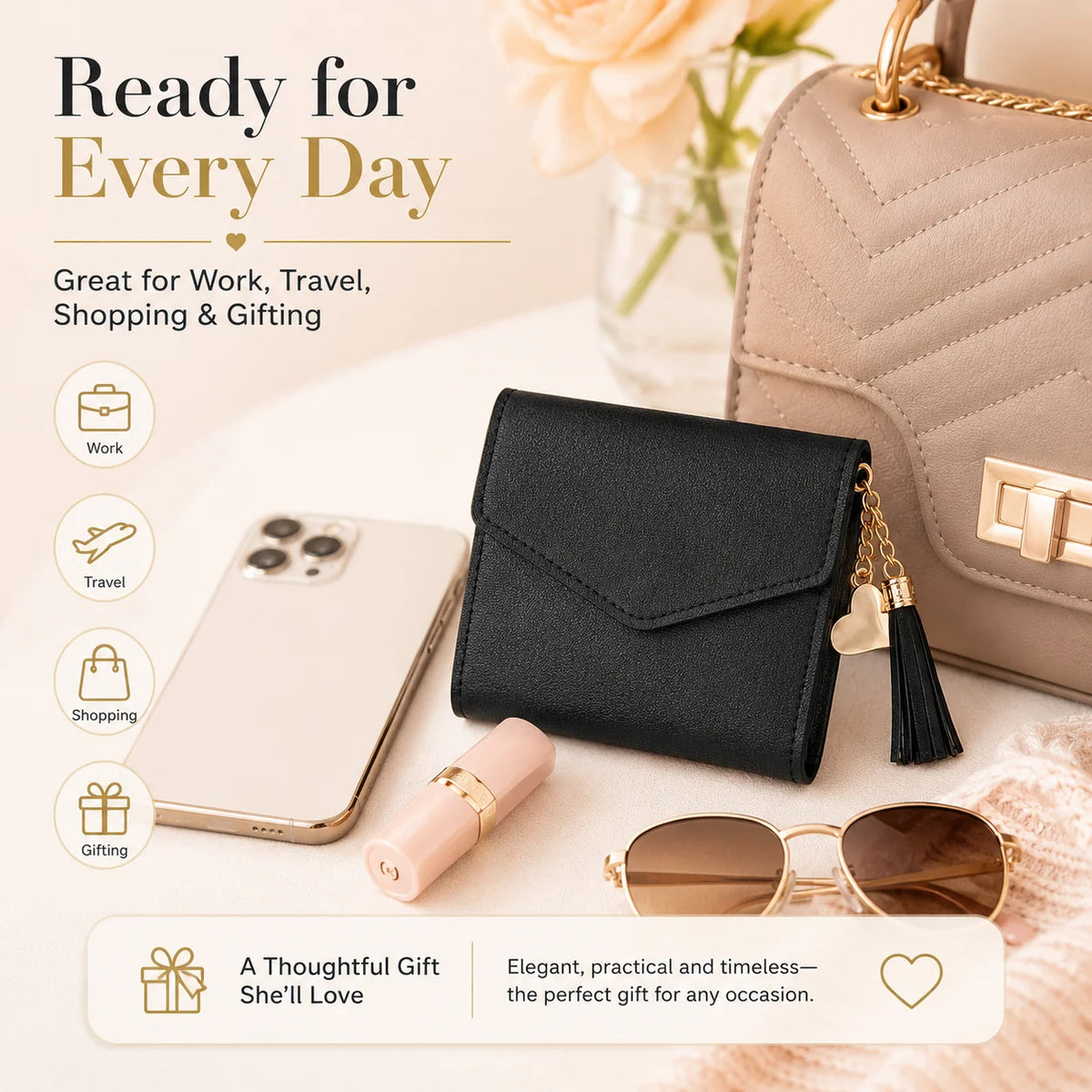 Women's Mini Clutch Wallet – Gold Snap, Tassel & Card Slots Mini Clutch Wallet QXL