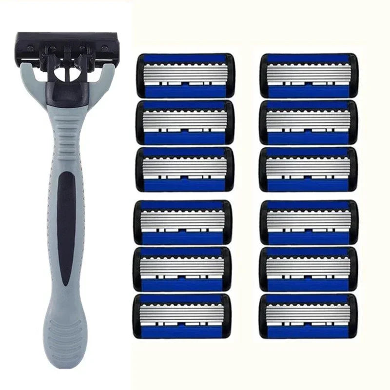 Men's 6-Blade Safety Razor + 12 Blades | Vvocci Stainless Steel Men's Safety Razor QXL 1Handle and 12Blades