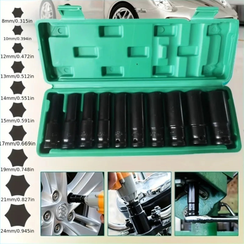 10-Pc Deep Impact Socket Set 8–24mm | Hex Drive + Extension Bar Impact Socket Set QXL