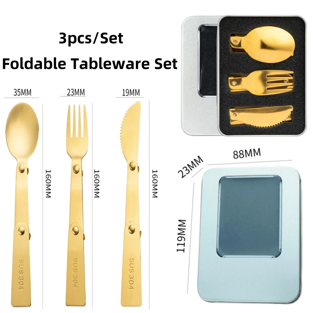 3-Piece Foldable Stainless Steel Camping Cutlery Set & Case Camping Cutlery Set QXL
