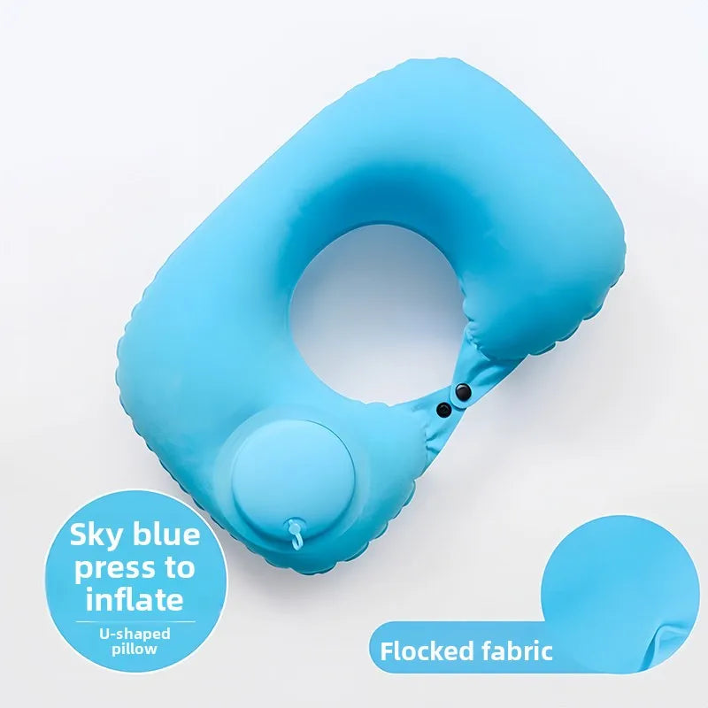 Inflatable U-Shaped Travel Neck Pillow | Built-In Press Pump Inflatable Travel Pillow QXL Blue