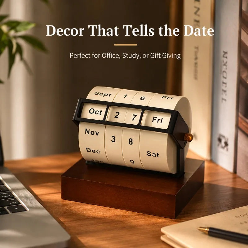 Wheel Perpetual Calendar | Manual Rotating Desk Calendar Wood Base Perpetual Desk Calendar QXL