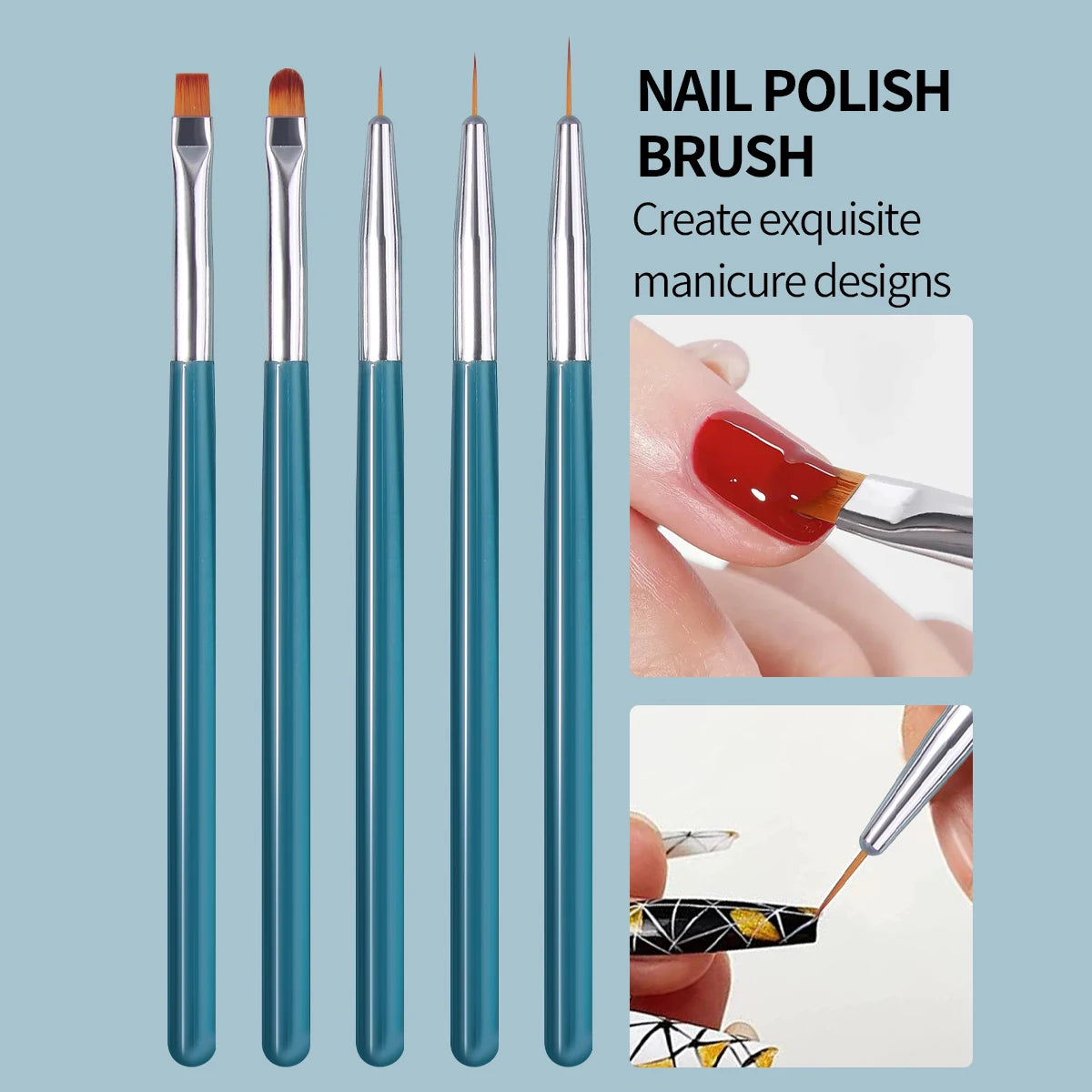 5-Piece Nail Art Brush Set | Teal Handle & Silver Ferrule Nail Art Brush Set QXL Blue