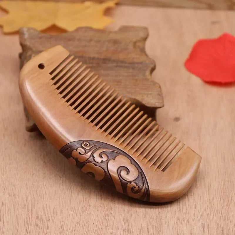 Carved Peach Wood Hair & Beard Comb | Small 10–15cm Wooden Hair Comb QXL