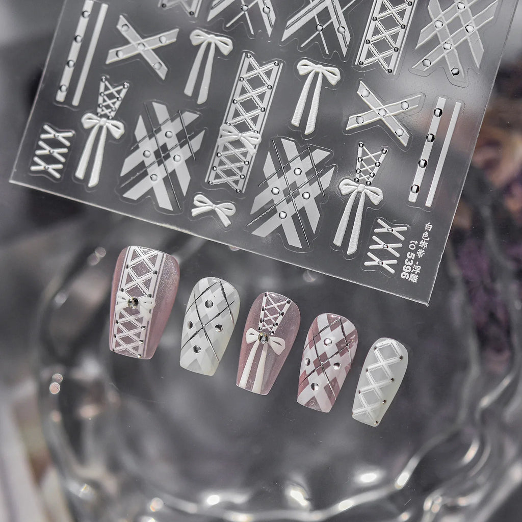 5D Relief Nail Stickers – White Bow & Blue Line Decals Nail Art Stickers QXL