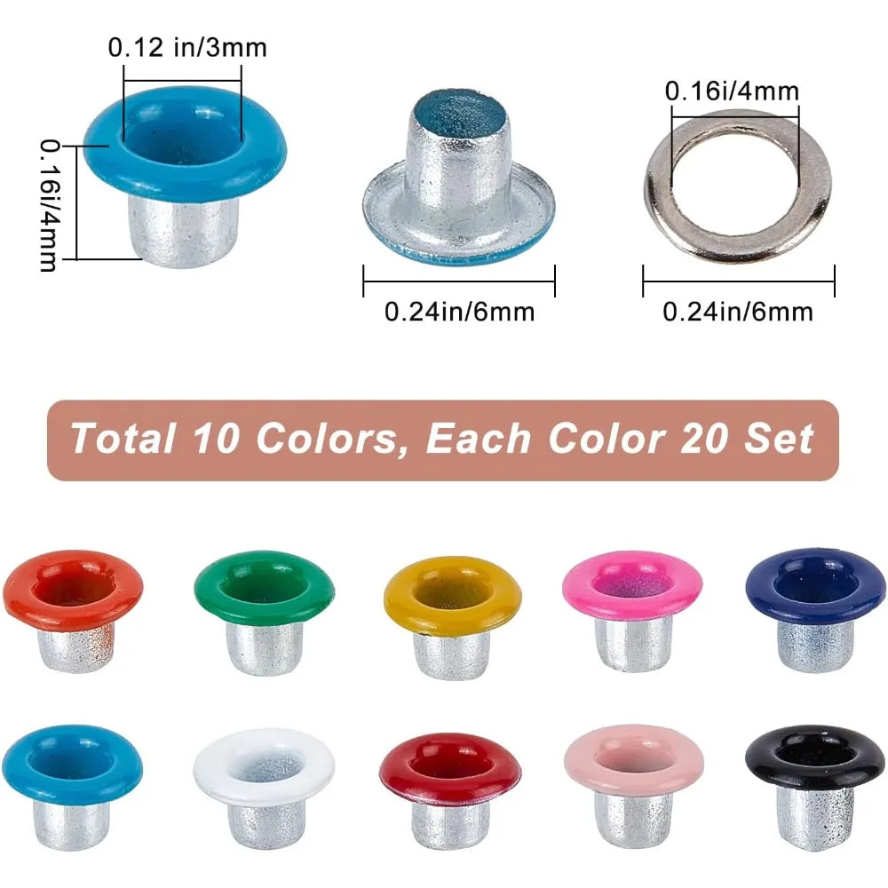 200-Set Metal Eyelets & Grommets 3mm | 10 Colors with Washers Craft Eyelets & Grommets QXL