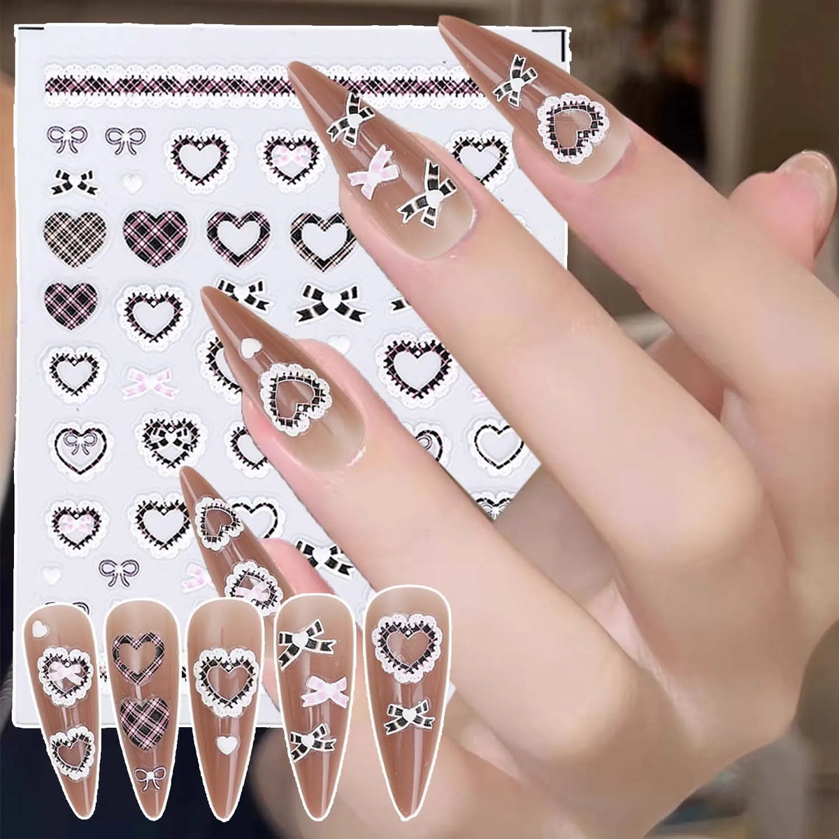 Japanese Lace Bow Nail Stickers | Pink Black White Nail Decals Nail Art Stickers QXL